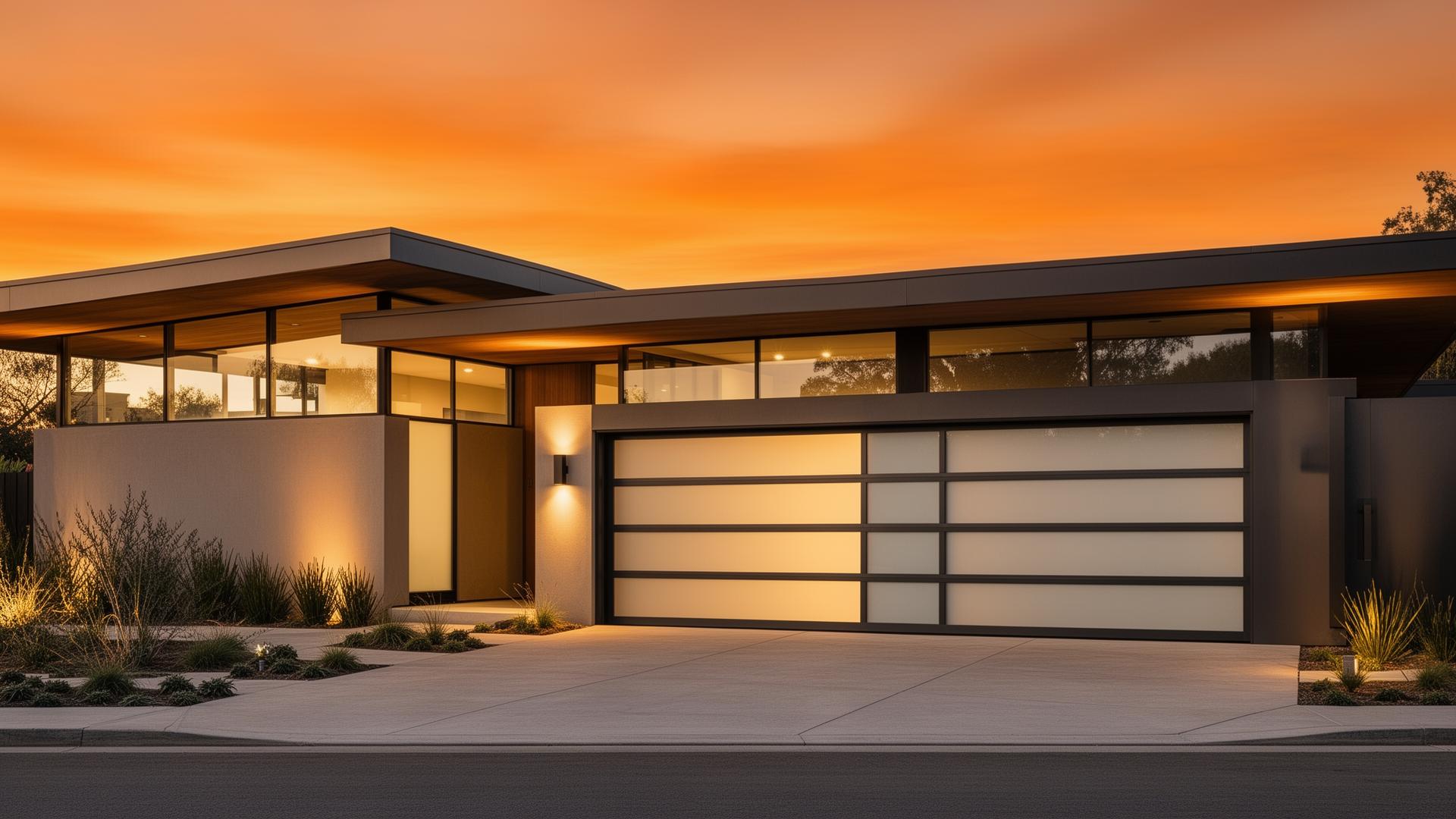Modern steel garage door with frosted glass panels at sunset - professional installation by New Ipswich Garage Doors